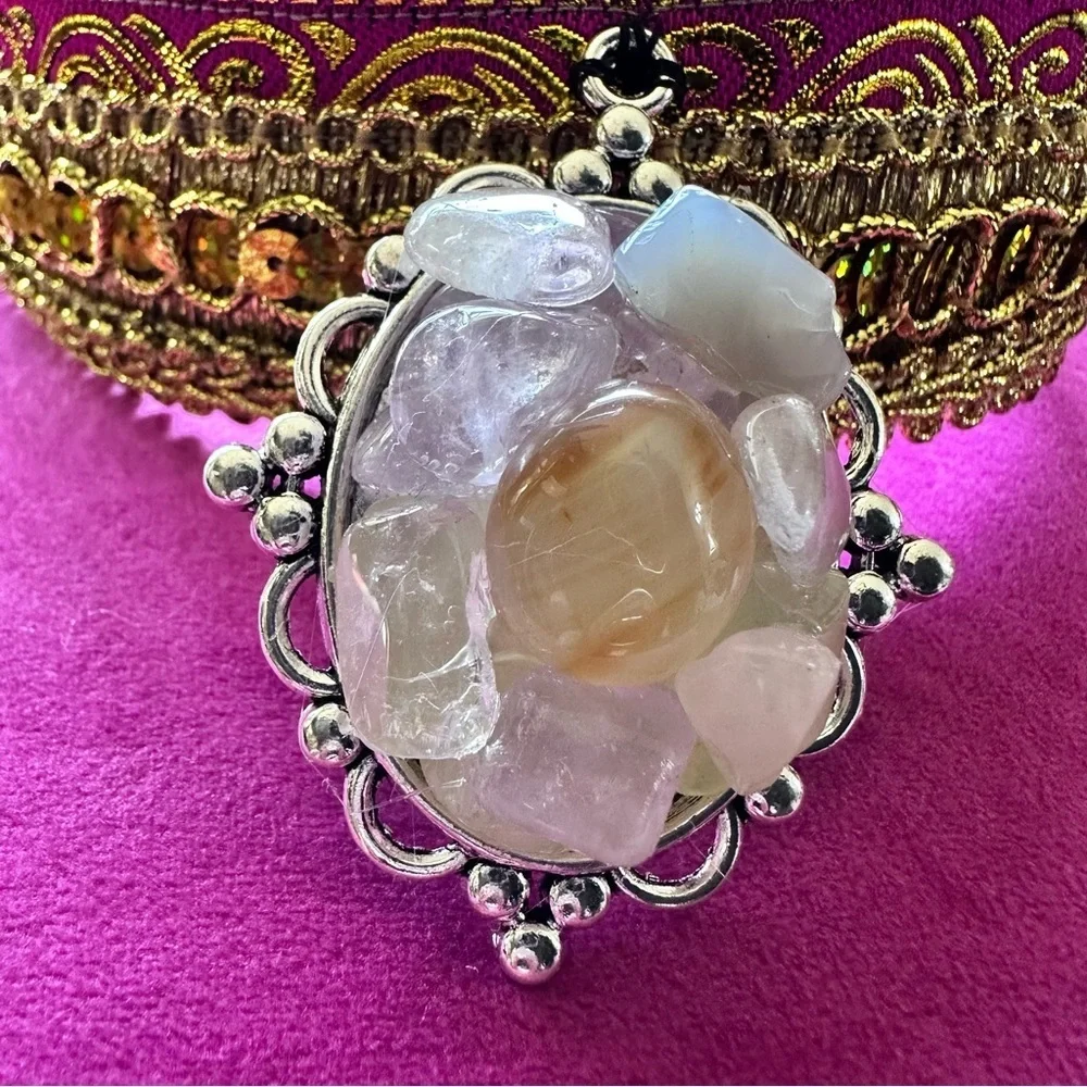 Artisan Boho Choker Necklace Gold Metallic + Handmade Quartz Pendant OOAK Signed